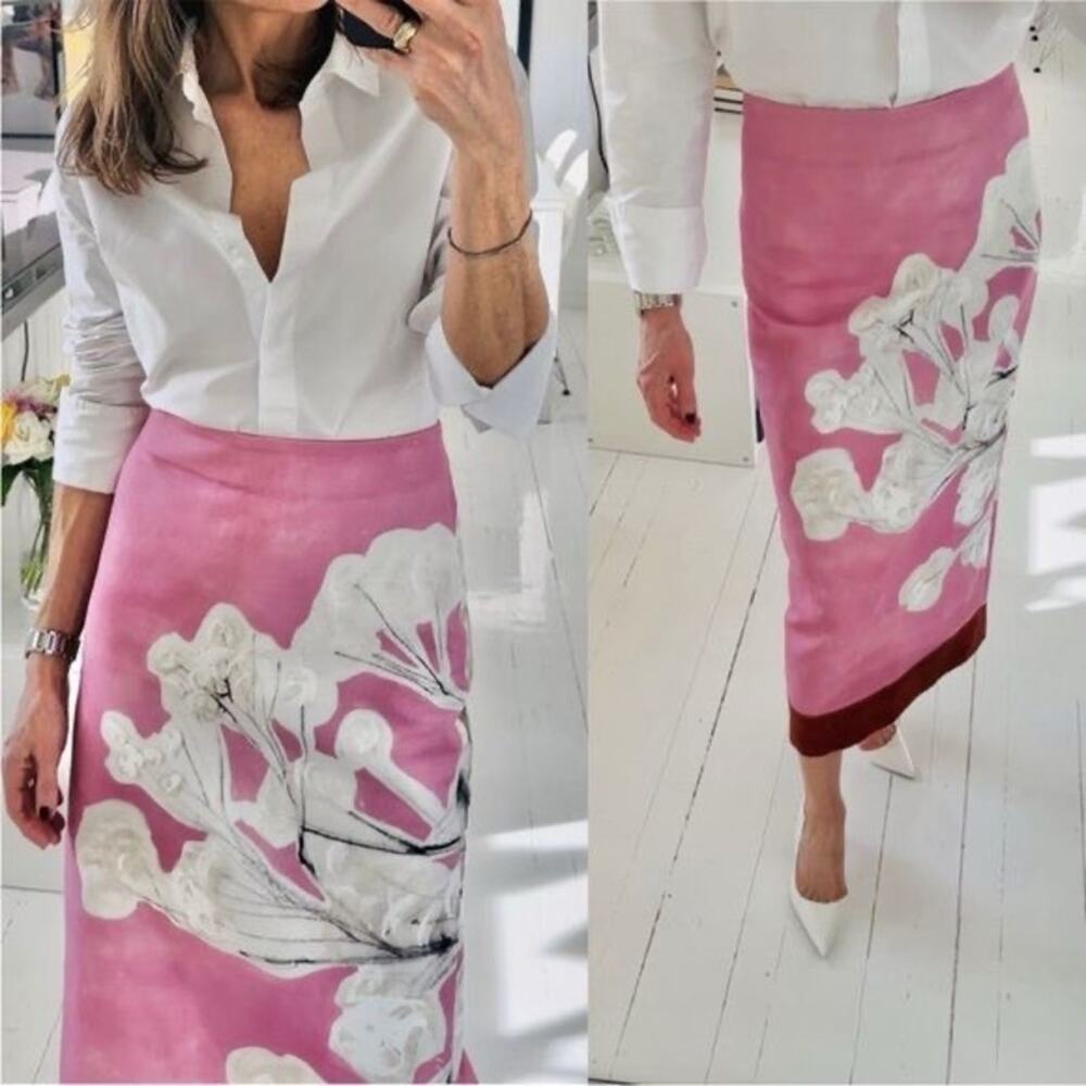 Zara Pink Floral Linen Blend Midi Pencil Skirt Size M Botanical Cottagecore